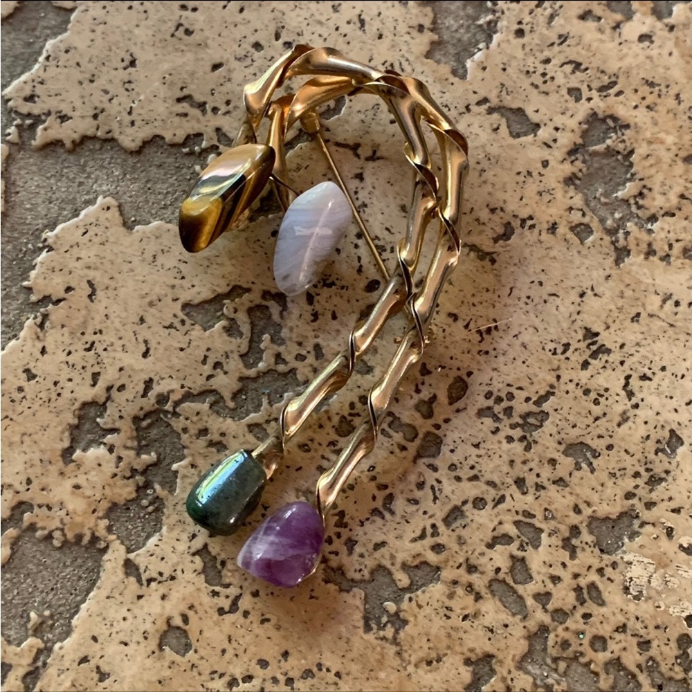 Vintage 80s Brooch Pin Gold Stone Amethyst Tigers Eye Agate Green Jasper Quartz